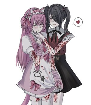 2girls ame-chan_(needy_girl_overdose) animal_ears apron black_eyes black_hair black_nails black_ribbon black_skirt blood blood_on_arm blush bow boxcutter cat_ears cat_girl cat_tail closed_mouth collared_shirt cowboy_shot cuts dress fake_animal_ears frills hair_ornament hair_over_one_eye hairband hairclip hand_on_another&#039;s_face heart highres holding holding_boxcutter injury jirai_kei lmaogun long_hair maid maid_headdress multiple_girls nail_polish neck_ribbon needy_girl_overdose open_mouth p-chan pink_bow pink_dress pink_hair puffy_short_sleeves puffy_sleeves red_nails red_shirt ribbon self-harm shirt short_sleeves simple_background skirt smile standing suspender_skirt suspenders tail tears thighhighs twintails two_side_up white_background white_thighhighs x_hair_ornament yuri