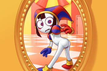 1girl 2023 ass cleft_of_venus colored_skin female_focus flat_chest glitch_productions gloves gooseworx hat hexanne highres jester jester_cap jester_girl loli looking_at_viewer mirror nude petite pomni_(the_amazing_digital_circus) pussy solo the_amazing_digital_circus white_skin