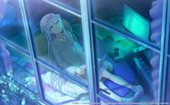 1girl artist_collaboration bed blue_eyes collarbone colorful_palette computer cup frilled_hat frills game_cg hat highres instrument jewelry keyboard_(instrument) kuwabara_(mola_8) laptop long_hair monitor necklace nightcap nightgown official_alternate_costume official_art paper project_sekai socks solo soshite_ima_ribbon_wo_musunde_(project_sekai) very_long_hair white_hair white_hat white_socks yoisaki_kanade