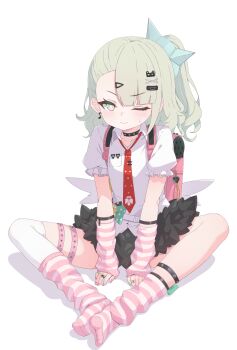 1girl aqua_nails bandaid bandaid_hair_ornament blush chinatsu_remiel closed_mouth collar collarbone commentary_request earrings full_body green_eyes green_hair hair_ornament hairclip heart heart_hair_ornament highres jewelry leg_warmers looking_at_viewer multicolored_eyes multicolored_nails multiple_hair_clips multiple_rings multiple_thigh_straps musical_note_earrings necktie no_shoes one_eye_closed pink_arm_warmers pink_eyes pink_leg_warmers pink_nails pink_socks ponytail red_necktie ring rokukarashi shirt simple_background single_thighhigh sitting socks solo striped_arm_warmers striped_clothes striped_leg_warmers striped_socks sweatdrop thigh_strap thighhighs white_background white_shirt white_thighhighs winged_bag zenless_zone_zero
