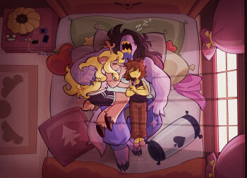 1other 2girls antlers bed blonde_hair claws colored_skin cuddling deer_antlers deer_girl deltarune furry furry_female highres hooves horns kris_(deltarune) lamp multiple_girls noelle_holiday open_mouth pajamas pillow purple_skin reptile_girl sharp_teeth short_shorts shorts snoring stephsartlab susie_(deltarune) tail teeth utdr_(toby_fox) window zzz