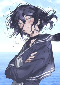 1girl black_hair black_serafuku blush busuttt chainsaw_man choker cloud cloudy_sky collarbone commentary_request crossed_arms green_eyes grenade_pin hair_between_eyes half-closed_eyes korean_commentary light_smile messy_hair neckerchief ocean purple_hair reze_(chainsaw_man) sailor_collar school_uniform serafuku short_hair sky squinting striped_clothes upper_body white_neckerchief