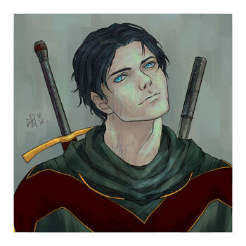 1boy alternate_costume batman_(series) black_hair blue_eyes dc_comics dick_grayson gradient_background male_focus solo talon zombie