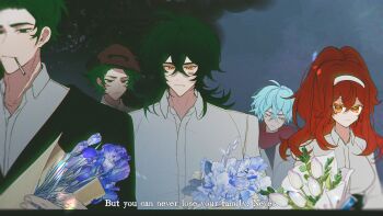 1girl 4boys adam&#039;s_apple ahoge black_jacket blue_flower blue_hair blue_sky blurry bouquet breasts brown_hat cheek_tattoo chinese_commentary chromatic_aberration cigarette closed_eyes closed_mouth cloud cloudy_sky collarbone collared_shirt colored_eyelashes commentary_request crossed_bangs depth_of_field double-parted_bangs dual_persona english_text film_grain fire_peashooter_(plants_vs._zombies) flipped_hair flower frown gatling_pea_(plants_vs._zombies) green_eyes green_hair hair_behind_ear hair_between_eyes hairband hat highres holding holding_bouquet jacket long_sleeves looking_at_viewer medium_breasts medium_hair mouth_hold multiple_boys night orange_eyes peashooter_(plants_vs._zombies) personification plants_vs._zombies plants_vs._zombies_2 plants_vs._zombies_2_(chinese) ponytail red_hair red_scarf scarf serious shirt short_hair sidelocks siiiiiiiiiii sky snow_pea_(plants_vs._zombies) tareme tattoo thick_eyebrows tsurime tulip u_u very_short_hair white_flower white_hairband white_shirt white_tulip