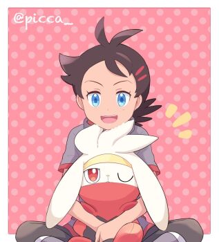 1boy artist_name blue_eyes brown_hair gen_8_pokemon goh_(pokemon) hair_ornament highres looking_down mei_(maysroom) nintendo open_mouth pants pokemon pokemon_(anime) pokemon_(creature) pokemon_journeys polka_dot polka_dot_background raboot short_sleeves sitting smile teeth tongue watermark