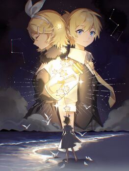 1boy 1girl absurdres back-to-back bare_arms bare_legs bare_shoulders barefoot beach bird black_dress black_scarf black_vest blonde_hair blue_eyes bow bow_hairband chinese_commentary closed_mouth cloud collared_shirt commentary_request constellation dress dress_shirt emphasis_lines endoftheworld600 floating_hair from_behind fur_scarf glowing hair_between_eyes hair_ornament hairband hairclip happy highres holding_hands kagamine_len kagamine_rin light_particles long_sleeves looking_at_viewer medium_dress message_in_a_bottle multiple_views necktie night night_sky ocean outdoors pants parallel_hairclips pleated_dress pointy_nose ponytail puffy_short_sleeves puffy_sleeves scarf shadow shirt shore short_hair short_ponytail short_sleeves simple_bird sky small_stellated_dodecahedron smile square_neckline standing star_(sky) starry_sky strapless strapless_dress three-quarter_sleeves vest vocaloid water white_bird white_bow white_dress white_hairband white_pants white_shirt wind yellow_necktie