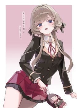 1girl absurdres black_bow black_hair blazer blue_eyes border bow breast_pocket brown_hair character_doll collared_shirt colored_lapels columbina_(genshin_impact) commentary cowboy_shot doll emblem genshin_impact gradient_background h0kori hair_bow highres jacket lapels layered_sleeves long_sleeves looking_at_viewer miniskirt neck_ribbon open_mouth parted_bangs pink_skirt pleated_skirt pocket red_ribbon ribbon sandrone_(genshin_impact) school_uniform shirt short_hair_with_long_locks skirt solo symbol-only_commentary translation_request white_border white_shirt