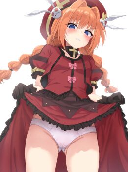 1girl absurdres beret black_gloves blue_eyes blush bow braid braided_twintails capelet choppy_bangs clothes_lift commission cowboy_shot crotch_seam film_grain frilled_shirt frilled_skirt frilled_sleeves frills gloves grimace hair_ears hair_intakes hat hat_ornament highres lifting_own_clothes loli long_hair looking_at_viewer looking_down lyrical_nanoha mahou_shoujo_lyrical_nanoha mahou_shoujo_lyrical_nanoha_a's manbo2024 orange_hair panties parted_lips pink_bow presenting_own_body red_capelet red_hat red_shirt red_skirt shirt shirt_bow short_sleeves simple_background skeb_commission skirt skirt_lift solo standing underwear vita_(nanoha) white_background white_panties