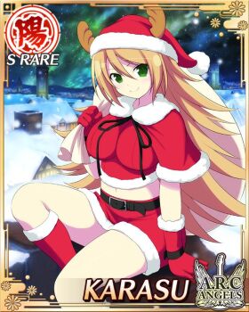 1girl antlers aurora border breasts brown_hair capelet card_(medium) carrying_over_shoulder character_name cityscape closed_mouth english_text fur-trimmed_capelet fur_trim game_cg gloves green_eyes hat holding holding_sack horns karasu_(senran_kagura) large_breasts long_hair looking_at_viewer midriff navel official_art red_capelet red_gloves reindeer_antlers rooftop roomi sack santa_costume santa_hat senran_kagura senran_kagura_new_wave sitting smile solo