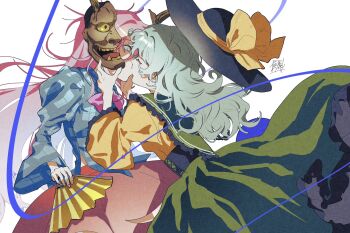 2girls black_hat blouse bow bubble_skirt expressionless frilled_shirt_collar frilled_sleeves frills green_hair green_skirt hat hat_bow hat_ribbon hata_no_kokoro heart heart_of_string highres kiss ko-omote_mask komeiji_koishi mask mask_on_head multiple_girls noh_mask oni_mask pink_hair plaid_clothes plaid_shirt ribbon shirt skirt sokura_(mochichitose) third_eye touhou white_background yellow_bow yellow_ribbon yellow_shirt yuri