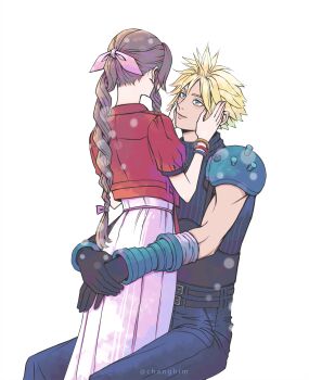 1boy 1girl aerith_gainsborough armor arms_around_waist bandaged_arm bandages bangle belt black_gloves black_pants black_shirt blonde_hair blue_eyes bracelet braid braided_ponytail brown_belt brown_hair changbim13 cloud_strife couple cropped_jacket dress final_fantasy final_fantasy_vii final_fantasy_vii_rebirth final_fantasy_vii_remake gloves hair_between_eyes hair_ribbon hands_on_another&#039;s_cheeks hands_on_another&#039;s_face hetero highres jacket jewelry long_dress long_hair looking_at_another multiple_belts pants parted_bangs pauldrons pink_dress pink_ribbon red_jacket ribbon sharp_teeth shirt short_hair short_sleeves shoulder_armor sidelocks single_braid single_pauldron sitting sleeveless sleeveless_turtleneck suspenders teeth turtleneck twitter_username white_background