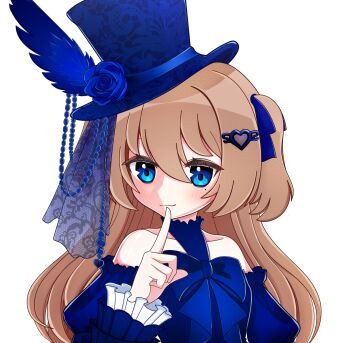 Rule 34 | 1girl, alternate costume, bare shoulders, blue dress, blue eyes, blue flower, blue hat, blue ribbon, blue rose, brown hair, closed mouth, commentary, dress, english commentary, flower, flower in hat, from side, hair between eyes, hair ornament, hair ribbon, hat, heart, heart hair ornament, highres, index finger raised, long hair, long sleeves, neoriaquin, neuro-sama, ribbon, rose, solo, top hat, two side up, upper body, vedal ai, virtual youtuber