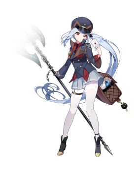 Rule 34 | 1girl, absurdly long hair, axe, bag, battle axe, black boots, black hat, black jacket, boots, brown bag, closed mouth, collared shirt, dress shirt, drop shadow, envelope, floating hair, freesia (stella sora), frown, full body, garter straps, grey hair, grey skirt, hat, highres, holding, holding axe, holding envelope, holding weapon, jacket, long hair, long sleeves, looking at viewer, messenger bag, miniskirt, official art, pantyhose, pinstripe pattern, pinstripe shirt, pleated skirt, red eyes, red shirt, second-party source, shirt, shoulder bag, simple background, single garter strap, skirt, solo, stella sora, thigh strap, transparent background, very long hair, weapon, white pantyhose