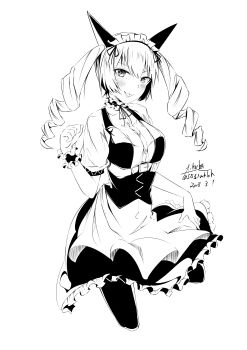 1girl absurdres akiha_rumiho animal_ears breasts commentary_request drill_hair fake_animal_ears frills greyscale highres long_hair looking_at_viewer maid maid_headdress mayqueen_maid_uniform monochrome pantyhose paw_pose puffy_short_sleeves puffy_sleeves science_adventure short_sleeves simple_background solo steins;gate tongue tongue_out twin_drills white_background yakku