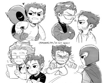 6+boys anger_vein arm_hair beard beast_(x-men) blush bodysuit chibi claw_(weapon) clenched_teeth crossed_arms cyclops_(x-men) deadpool deadpool_&amp;_wolverine deadpool_(series) dreaming_oor facial_hair glasses heart highres long_sleeves looking_at_another magneto male_focus marvel marvel mask monochrome multiple_boys multiple_persona puckered_lips shirt short_hair short_sleeves tank_top teeth weapon wolverine_(x-men) x-men x-men:_days_of_future_past x-men_film_series yaoi