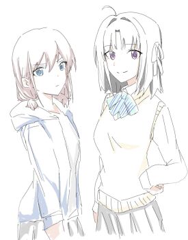 2girls ahoge awa_subaru black_hair blue_eyes blue_jacket brown_hair brown_sweater_vest girls_band_cry hair_ribbon hand_on_own_hip highres iseri_nina jacket medium_hair multiple_girls n_nai_nai_n official_alternate_hair_length official_alternate_hairstyle parted_bangs purple_eyes ribbon school_uniform short_hair short_twintails simple_background sweater_vest twintails white_background white_ribbon