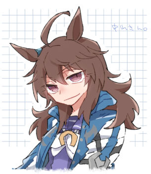 1girl ahoge animal_ears beer_hsk blue_jacket bow brown_eyes brown_hair closed_mouth cropped_torso grid_background hair_between_eyes horse_ears jacket long_hair looking_at_viewer nakayama_festa_(umamusume) open_clothes open_jacket outline purple_shirt school_uniform shirt smile solo tracen_school_uniform translation_request umamusume upper_body white_bow white_outline