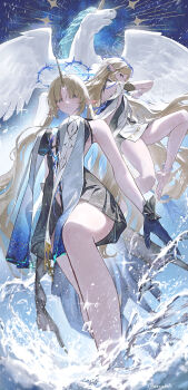 1girl absurdres angel_wings anklet black_collar black_dress blue_eyes blue_hands breasts cartethyia_(wuthering_waves) collar colored_inner_hair commentary crown crown_of_thorns dress dual_persona english_commentary feathered_wings fleurdelys_(wuthering_waves) floating_crown from_below highres horns imperator_(wuthering_waves) jewelry large_breasts long_hair long_horns multicolored_hair pointy_ears single_horn small_breasts splashing tabard tacet_mark_(wuthering_waves) thighs unicorn very_long_hair water white_tabard winged_unicorn wings wuthering_waves yellow_horns zeradok