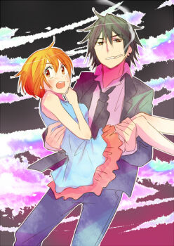 1boy 1girl breasts cigarette couple dress hetero irono_(irtyu) master meiko_(vocaloid) short_hair small_breasts smoking vocaloid