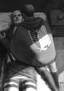 2boys bed belt boots bottle cape chest_of_drawers closed_eyes closed_mouth commentary english_commentary erwin_smith from_above hand_on_another's_shoulder highres hood hooded_cape levi_(shingeki_no_kyojin) lying male_focus multiple_boys on_back pants shingeki_no_kyojin short_hair sitting survey_corps_(emblem) teggitekki thigh_belt thigh_strap