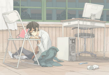 1boy bad_id bad_pixiv_id bespectacled book chair computer computer_tower desk folding_chair glasses computer_keyboard kyon male_focus school_desk school_uniform short_hair solo suzumiya_haruhi_no_yuuutsu yu-tan