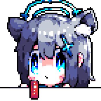 &gt;_&lt; 1girl :/ animal_ear_fluff animal_ears animated animated_gif biting blue_archive blue_eyes blush can chibi closed_eyes closed_mouth cola cross cross_hair_ornament downvote_(downvote_me) drink_can ears_down ears_up eating extra_ears grey_hair hair_between_eyes hair_ornament halo hands_on_table hands_up leaking open_mouth pixel_art portrait shiroko_(blue_archive) sidelocks simple_background soda soda_can solo spitting white_background wolf_ears you&#039;re_doing_it_wrong