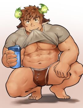 Rule 34 | 0110adj, 1boy, abs, animal ears, bara, barefoot, bottle, brown hair, brown male underwear, bulge, clothes in mouth, clothes lift, cow boy, cow ears, cow horns, eye black, facial hair, fiery horns, forked eyebrows, glowing horns, grey shirt, highres, holding, holding bottle, horns, jockstrap, large pectorals, looking at viewer, male focus, male underwear, mouth hold, muscular, muscular male, nipples, pectorals, shirt, shirt in mouth, shirt lift, short hair, solo, spiked hair, squatting, sweat, taut clothes, taut shirt, thick eyebrows, tokyo houkago summoners, underwear, variant set, wakan tanka