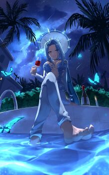 1girl barefoot blue_butterfly blue_eyes blue_hair blue_nails blue_petals bottle breasts bug butterfly candle cup drinking_glass halo highres holding holding_cup indie_virtual_youtuber insect large_breasts long_hair monarch_(1st_costume)_(amalee) monarch_(amalee) natasyaorlov night palm_tree pants pool second-party_source shooting_star sky soaking_feet soles star_(sky) starry_sky tree utility_pole virtual_youtuber white_pants wine_bottle wine_glass
