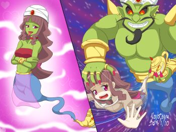 1girl 2025 artist_name black_sclera breasts brown_hair colored_sclera colored_skin corruption crossed_arms dated digimon digimon_ghost_game earrings genie genie_lamp green_skin jewelry lamp lampmon long_hair medium_breasts open_mouth pink_eyes red_eyes red_nails ring sidelocks tongue tongue_out transformation tsukiyono_ruli turban yorotoru