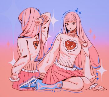 Rule 34 | 1girl, :o, alt text, baby animal, black eyes, blue background, blue eyes, blue leg warmers, blue outline, blue shoes, blunt bangs, commentary, cowboy shot, cropped legs, deer, deer print, english commentary, fawn, frilled sleeves, frilled sweater, frills, from behind, full body, gradient background, heart, heart print, highres, kneeling, leg warmers, long hair, long sleeves, looking at viewer, meyoco, multiple views, open mouth, orange background, original, outline, pink hair, pink skirt, pink sweater, pleated skirt, shoes, sitting, skirt, sneakers, solo, sparkle, standing, sweater, very long hair