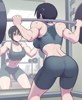 1girl absurdres aisendraw ass back barbell black_eyes black_hair dumbbell exercising gym highres looking_at_mirror mikasa_ackerman mirror muscular muscular_female shingeki_no_kyojin short_hair shorts solo squatting tank_top toned