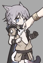 2girls age_difference aglaea_(honkai:_star_rail) animal_ears armlet belt between_legs black_cloak blue_eyes blush bracelet brown_tunic cat_ears cat_girl cat_tail cipher_(honkai:_star_rail) cipher_(in_pursuit_of_the_wind)_(honkai:_star_rail) cloak clothes_grab clothes_lift feet_out_of_frame flat_chest gloves gold_bracelet grey_hair hands_up highres honkai:_star_rail honkai_(series) hood hood_down hooded_cloak jewelry loli looking_down multiple_girls navel nipples open_clothes open_shirt out_of_frame partially_undressed sapo_(bananilsonfarofa) shirt shirt_grab shirt_lift short_hair shorts single_glove size_difference surprised sweat tail tail_between_legs tunic undressing undressing_another white_shirt wide-eyed wrist_wrap yuri