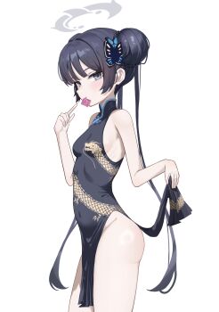 1girl absurdres ass bare_arms bare_shoulders black_dress black_hair blue_archive blunt_bangs blush braid breasts bun_with_braided_base butterfly_hair_ornament china_dress chinese_clothes closed_mouth clothes_lift commentary condom condom_in_mouth covered_navel cowboy_shot dragon_print dress dress_lift grey_eyes grey_halo groin hair_bun hair_intakes hair_ornament halo hands_up highres index_finger_raised kisaki_(blue_archive) lifting_own_clothes long_hair looking_at_viewer mouth_hold no_panties pelvic_curtain petite pink_dress ribs sideboob sidelocks simple_background sleeveless sleeveless_dress small_breasts smile solo straight_hair thighs twintails very_long_hair white_background xiaoxiaoyifan