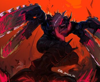 1boy 1girl armor black_armor blood blood_devil_(chainsaw_man) bloody_weapon cameo chainsaw chainsaw_devil chainsaw_man extra_arms facing_viewer hands_up highres horns intestine_clothing intestines no_eyes organs pk_draws_40 power_(chainsaw_man) red_background scarf sharp_teeth teeth weapon