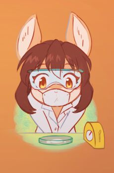 1girl ancesra animal_ears aqua-framed_eyewear blush body_fur borrowed_character brown_hair buttons coat covered_mouth deer_ears deer_girl doe_(alfa995) female_focus furry furry_female goggles heart heart_in_eye lab_coat leaning_forward light_blush long_sleeves looking_down mask mouth_mask orange_background orange_eyes orange_fur orange_theme original petri_dish scientist short_hair sidelocks simple_background sketch solo straight-on surgical_mask symbol_in_eye timer two-tone_fur upper_body v_arms white_coat wide-eyed