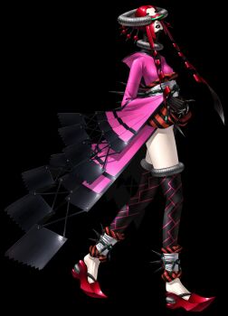 1girl absurdres black_lips full_body head-mounted_display highres japanese_clothes kazuma_kaneko long_sleeves maia_(persona_2) official_art persona persona_(summon) persona_2 pointy_shoes red_hair shoes simple_background solo spikes thighhighs third-party_source transparent_background walking