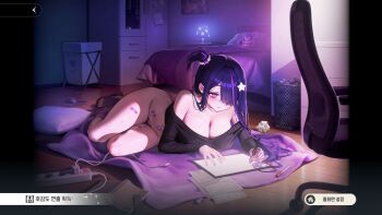 1girl bandaid bed black_shirt breasts brown_dust_(series) brown_dust_2 chano39 cleavage commentary cropped_shirt drawing_(action) electrical_outlet english_commentary highres indoors korean_text lamp large_breasts long_hair looking_down multicolored_hair on_floor palette_(brown_dust) partially_undressed pink_hair purple_eyes purple_hair shirt solo trash_can two-tone_hair user_interface white_star