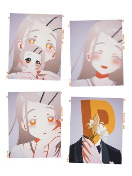 1boy 1girl :d absurdres black_jacket blonde_hair blush character_doll collarbone doll flower gakuen_idolmaster hair_ornament hairclip highres holding holding_doll holding_flower idolmaster jacket kisshou_(georgie_san) multiple_views open_mouth orange_hair p-head_producer parallel_hairclips parted_bangs photo_(object) producer_(idolmaster) shinosawa_hiro shirt sidelocks simple_background smile suit_jacket white_background white_flower white_shirt