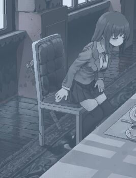 1girl axe blazer chair closed_eyes closed_mouth collared_shirt cup from_side full_body hamsterfragment indoors jacket jaggy_lines long_hair long_sleeves monochrome neck_ribbon original over-kneehighs plate pleated_skirt ribbon rug school_uniform shirt sidelocks sitting skirt slippers solo shinohata_sachie_(hamsterfragment) table thighhighs wooden_floor