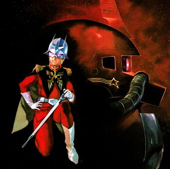 absurdres boots char_aznable gloves gundam helmet highres insignia mask mecha military military_rank_insignia military_uniform non-web_source robot signature space yasuhiko_yoshikazu zaku_ii zeon