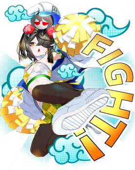 1girl absurdres bare_shoulders black_hair blue_archive breasts brown_eyes brown_pantyhose cheerleader criss-cross_halter english_text fate/grand_order fate_(series) flying_kick hair_over_one_eye halterneck hat highres holding holding_pom_poms jacket kicking kitsunebi44410 lady_yu_doll long_sleeves looking_at_viewer millennium_cheerleader_outfit_(blue_archive) miniskirt mole mole_under_eye navel off_shoulder open_mouth pantyhose pleated_skirt pom_pom_(cheerleading) pom_poms shoes short_hair skirt small_breasts sneakers sports_bra white_hat white_jacket white_sports_bra xu_fu_(fate) yellow_skirt