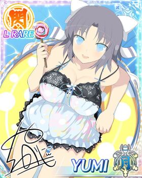 1girl afloat blue_dress blue_eyes border bow breasts candy card_(medium) character_name cleavage dress food from_above game_cg grey_hair hair_bow holding holding_candy holding_food holding_lollipop lace lace-trimmed_dress lace_trim large_breasts leaning_back lollipop looking_at_viewer looking_up medium_hair official_art open_mouth senran_kagura senran_kagura_new_wave signature smile solo striped_bow swim_ring swirl_lollipop teeth third-party_source upper_teeth_only water white_bow yaegashi_nan yumi_(senran_kagura)