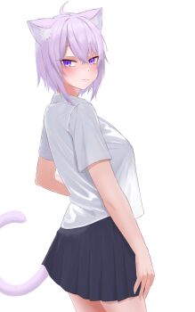 1girl :3 absurdres ahoge animal_ear_fluff animal_ears black_skirt breasts cat_ears cat_girl cat_tail collared_shirt eka_kinoko from_side highres hololive looking_at_viewer looking_back medium_hair nekomata_okayu pink_hair pink_tail pleated_skirt purple_eyes shirt shirt_overhang short_sleeves simple_background skirt solo tail virtual_youtuber white_background white_shirt