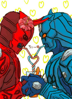 2boys armor black_eyes blue_armor cup drink drinking_glass drinking_straw drinking_straw_in_mouth flower flower_on_head food fruit hand_over_another's_hand heart heart_background hibiscus japanese_text juice kamen_rider kamen_rider_den-o_(series) male_focus momotaros monster monster_boy multiple_boys oni orange_(fruit) orange_eyes orange_juice orange_slice red_armor sharing straws summer turtle urataros yaoi
