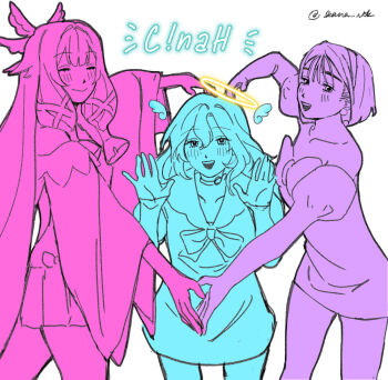 3girls alien_stage bob_cut bow bowtie c!nah closed_eyes closed_mouth columbina_(genshin_impact) commentary dress dress_bow earrings genshin_impact halo heart_arms heart_arms_duo indie_utaite jewelry kana_(kana_rtk) limited_palette long_hair long_sleeves mini_wings multiple_girls open_mouth short_hair signature smile sua_(alien_stage) waving wings