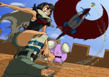 1girl anklet armpits artist_request black_hair black_shirt bob_cut boots breasts building cape dark_skin dragon fang female_focus fighting_stance flying gen_3_pokemon grin jewelry legs mega_evolution mega_pokemon mega_salamence mega_stone nintendo outdoors pokemon pokemon_(creature) pokemon_oras red_eyes salamence sandals shirt short_hair size_difference sky sleeveless sleeveless_shirt smile spoilers thighs toeless_footwear toenails toes whismur zinnia_(pokemon)