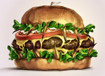 1other burger cheese commentary duel_monster emudoru flag food food-themed_creature hungry_burger japanese_flag lettuce mini_flag seed sharp_teeth simple_background solo teeth tomato tomato_slice toothpick white_background yu-gi-oh!