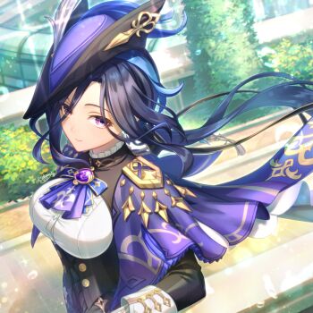 1girl ascot black_corset breasts cape clorinde_(genshin_impact) corset epaulettes fold-over_gloves framed_breasts genshin_impact gloves hair_between_eyes hat hat_feather high_collar large_breasts long_hair looking_at_viewer purple_ascot purple_cape purple_eyes purple_hair shirt solo taut_clothes taut_shirt tricorne vision_(genshin_impact) wakame1441 white_gloves white_shirt