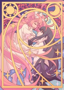 Rule 34 | 2girls, akemi homura, akemi homura (magical girl), argyle clothes, argyle thighhighs, black hair, black thighhighs, bow, crescent, dress, floating, flower, full body, hair bow, hand on another's head, high heels, highres, itsironicmom, kaname madoka, long hair, long sleeves, mahou shoujo madoka magica, multiple girls, pink hair, purple shoes, purple skirt, red flower, red ribbon, red rose, ribbon, rose, shoes, short sleeves, skirt, star (symbol), sun symbol, thighhighs, ultimate madoka, white bow, white dress, white shoes, yuri