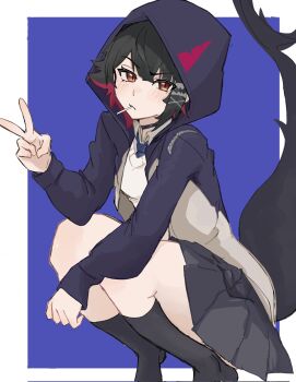 Rule 34 | 1girl, 8gjn306x3j60992, black hair, black skirt, blue background, blue jacket, blush, border, colored inner hair, commentary request, ellen joe, feet out of frame, fins, fish tail, highres, hood, hood up, jacket, lollipop in mouth, looking at viewer, mole, mole under eye, multicolored hair, razor blade hair ornament, red eyes, shark girl, shark tail, short hair, skirt, solo, squatting, sweater vest, tail, v, white border, white sweater vest, zenless zone zero